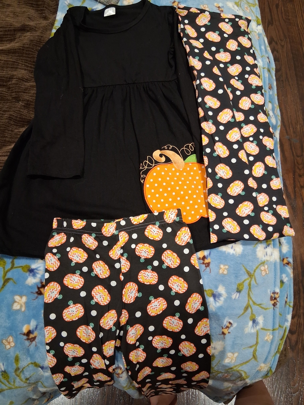 Black & Orange Pumpkin Print Kids Dress Set
